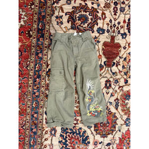 Tea Cargo Pants Dragon Embroidery Utility Paratrooper Streetwear Green Size 5